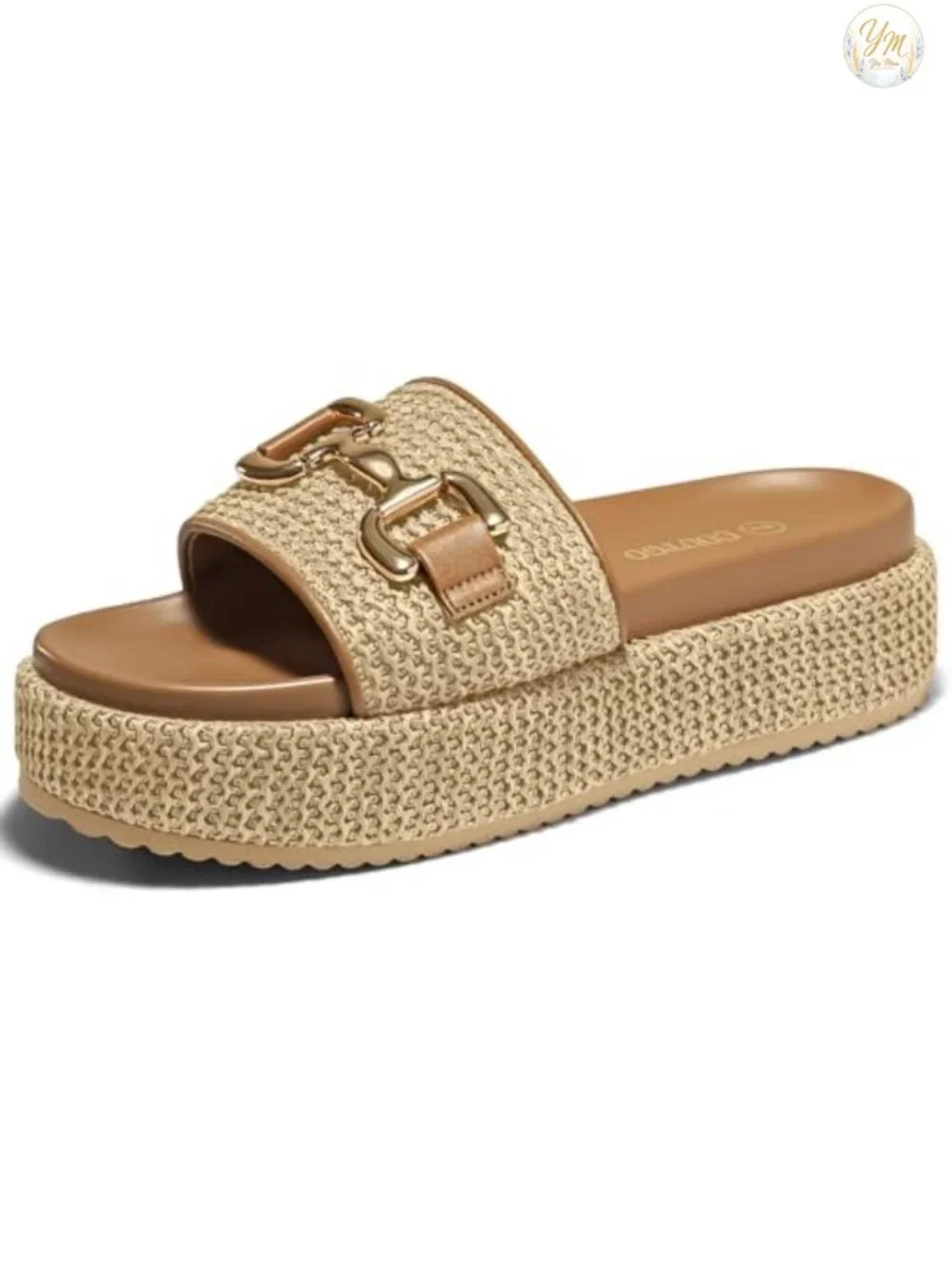 Raffia Platform Espadrille Slide Sandals with Metal Chain, Slip On Open Toe